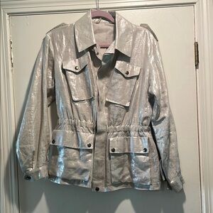 The Little House Silver Metallic Linen Utility Jacket with Modern Aesthetic